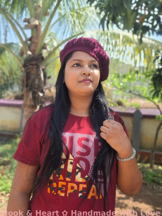 Crimson Chic Beret – Crochet Elegance in Wine Red