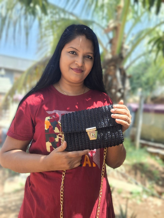 Midnight Luxe Sling – Crochet Crossbody Bag with Gold Chain