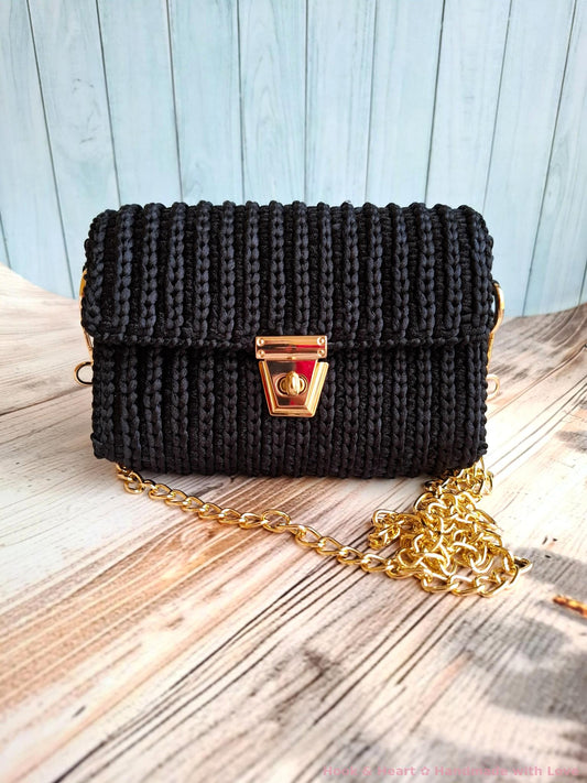Midnight Luxe Sling – Crochet Crossbody Bag with Gold Chain