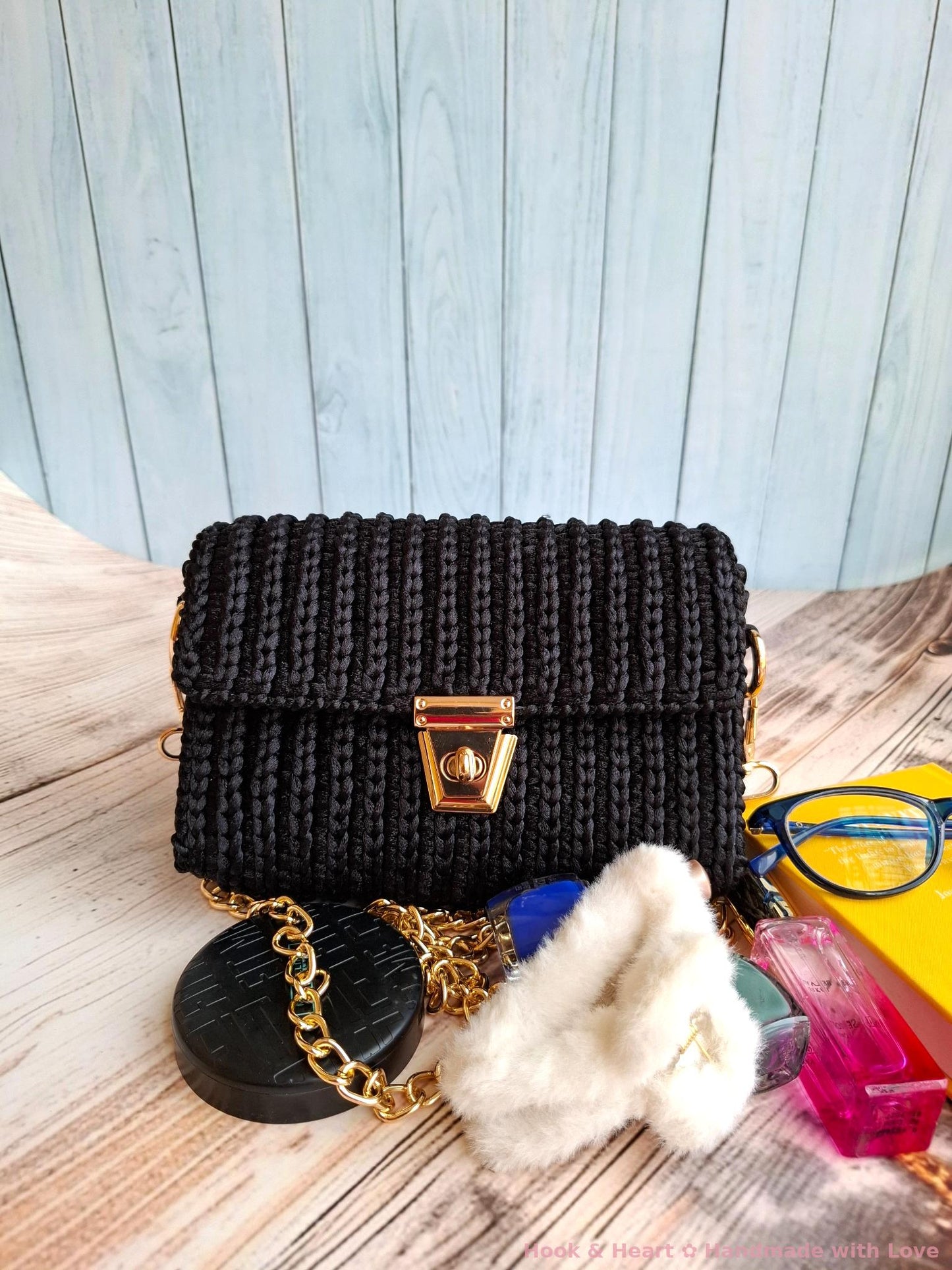 Midnight Luxe Sling – Crochet Crossbody Bag with Gold Chain