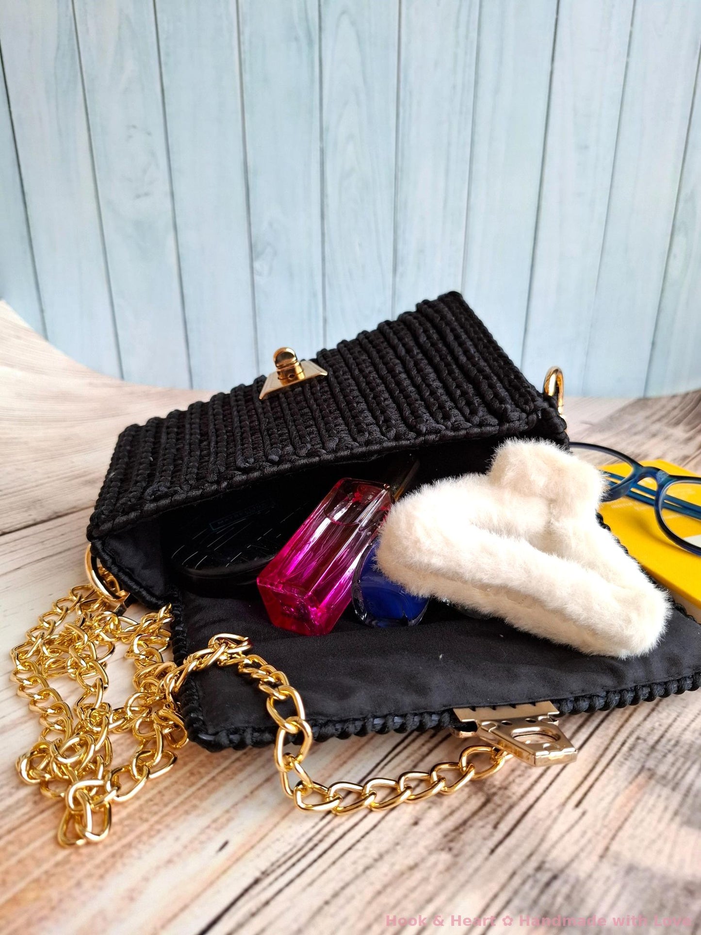 Midnight Luxe Sling – Crochet Crossbody Bag with Gold Chain