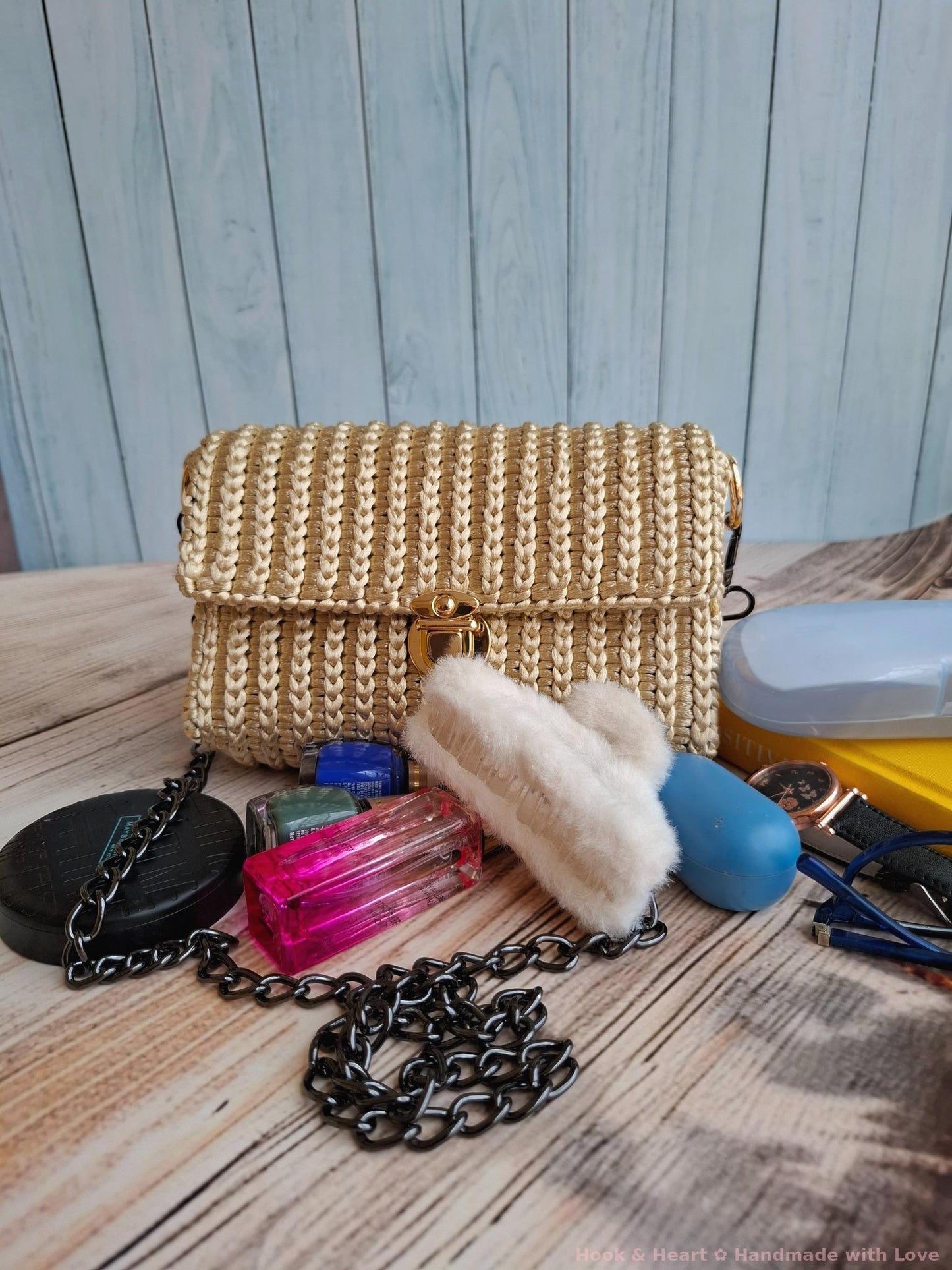 Sandy Chic Sling β Crochet Crossbody with Black Chain