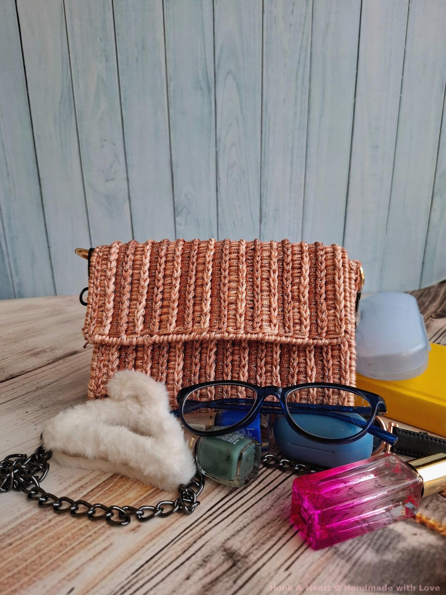 Peach Gleam Sling β Shimmer Crochet Crossbody Bag