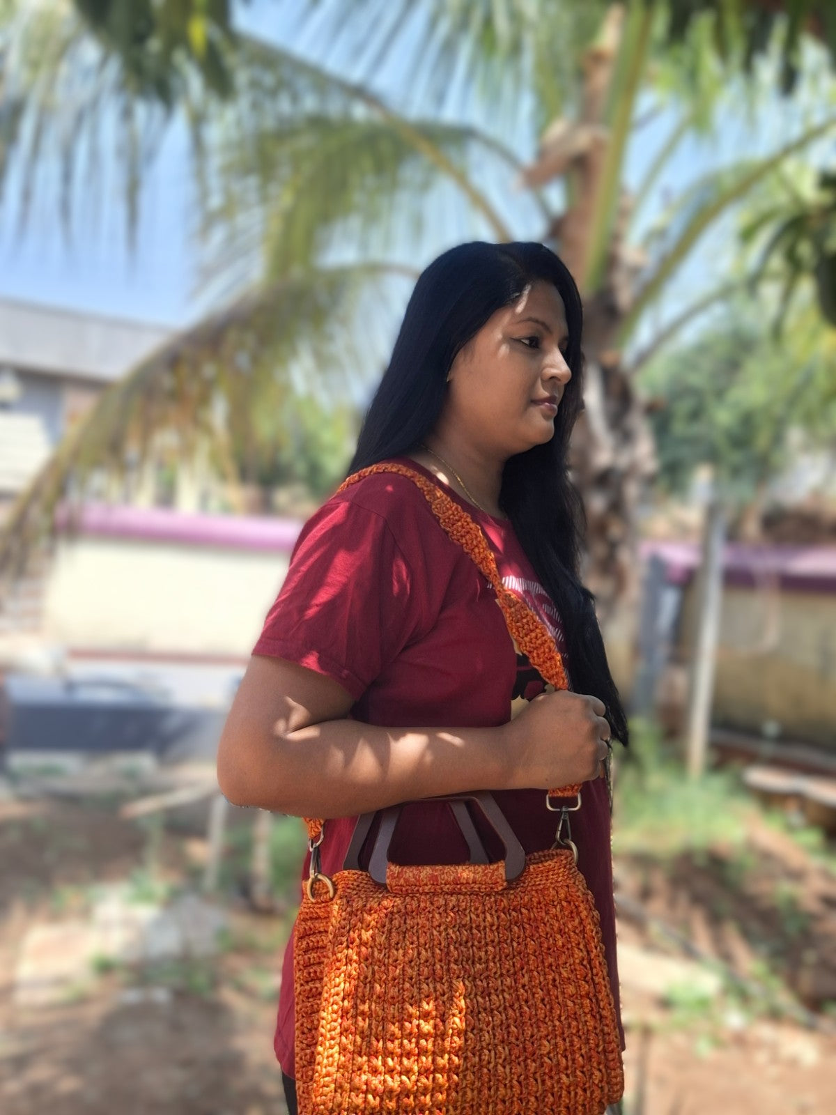 Sunset Ember Tote – Large Crochet Handbag with Wooden Handles