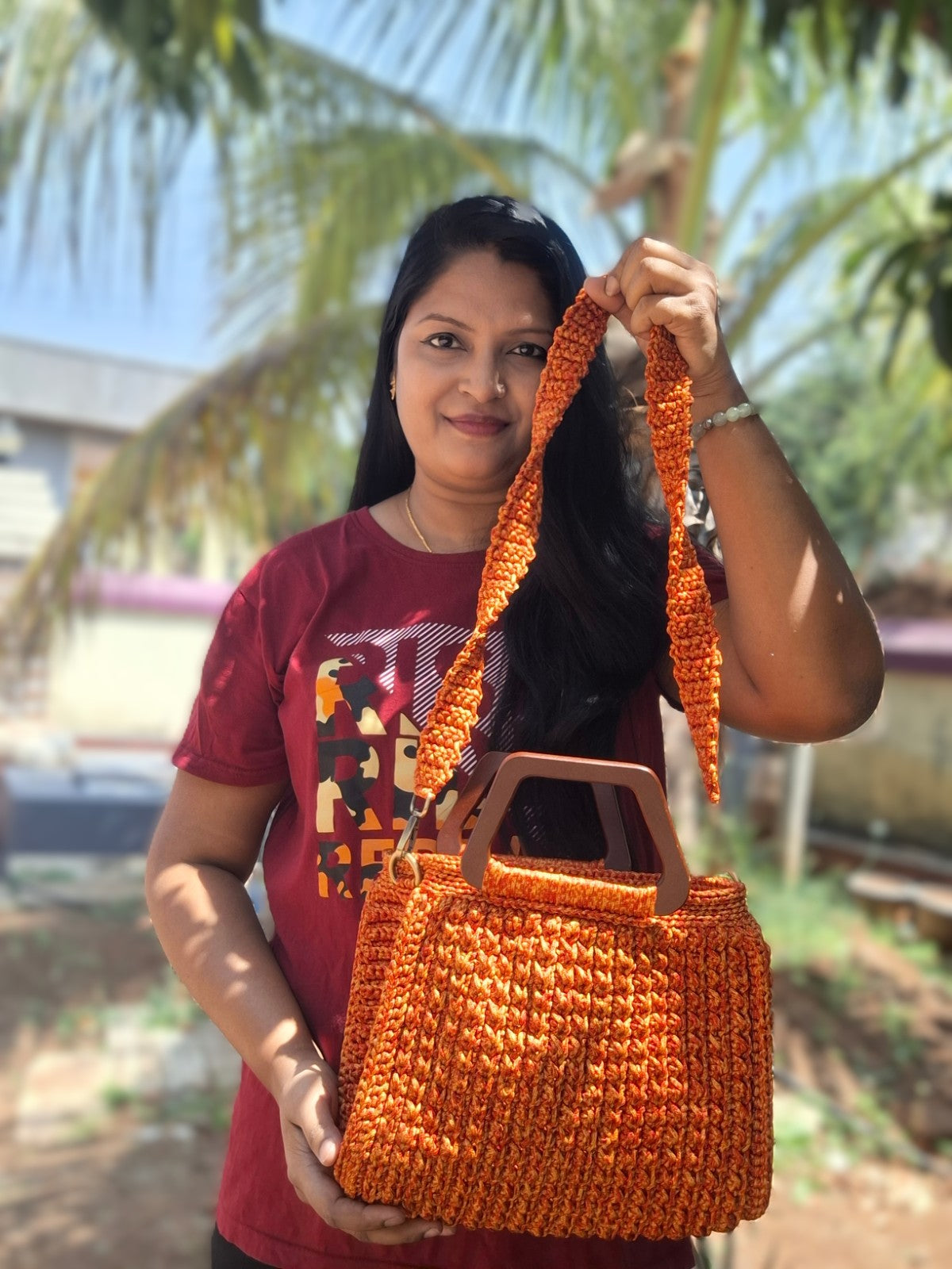 Sunset Ember Tote – Large Crochet Handbag with Wooden Handles