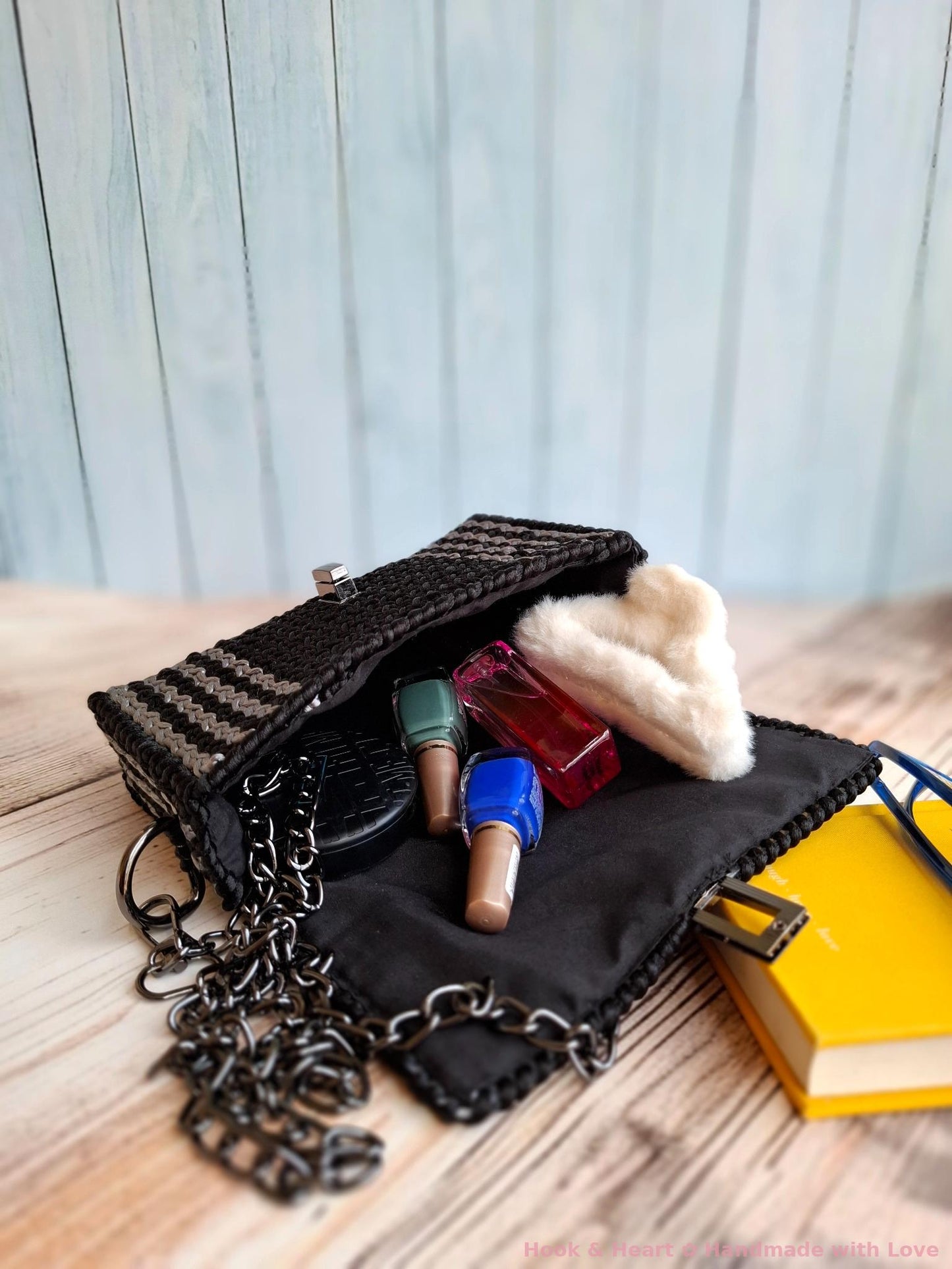 Monochrome Muse Clutch – Crochet Bag with Chain Strap