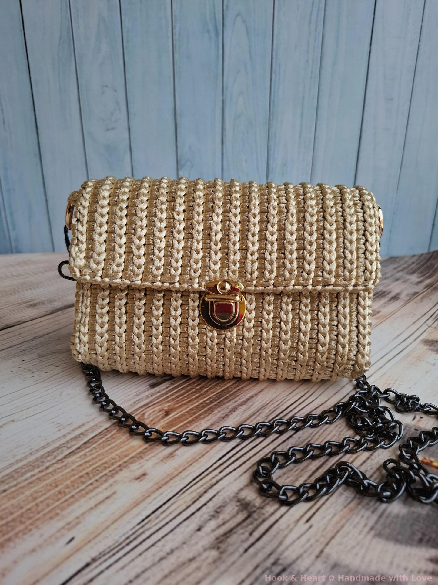 Sandy Chic Sling – Crochet Crossbody with Black Chain