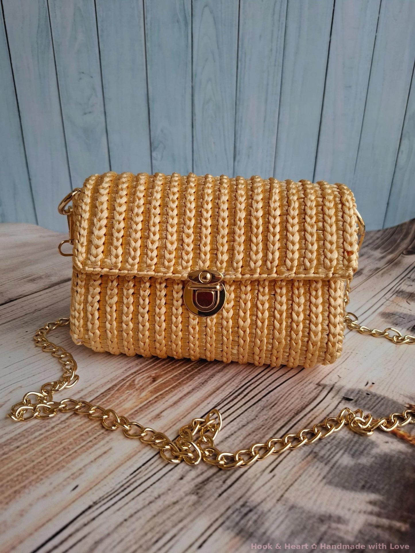 Golden Glow Sling – Crochet Crossbody with Gold Chain